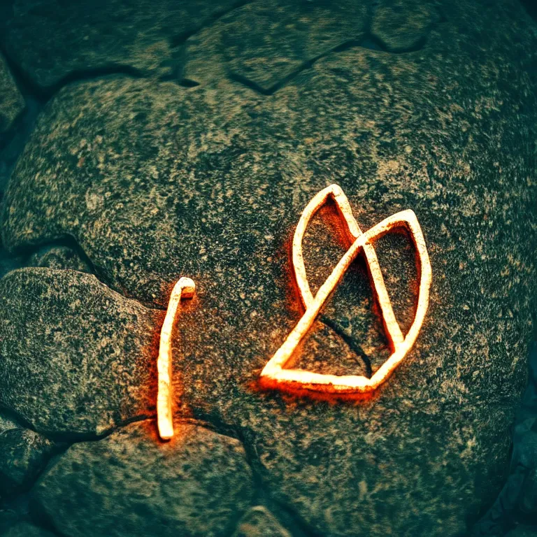 Image similar to photo of a stone with a luminous rune drawn on it. stone wrapped with copper wire. extremely high details, masterpiece, cinematic, octane rendering, depth of field, bokeh, cgsociety