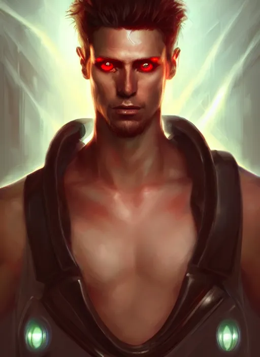 Image similar to « a full length portrait of a muscular cyberpunk male warrior, jesus, glowing eyes, a digital painting by charlie bowater, featured on cgsociety, fantasy art, behance hd, wiccan, artstation hd »