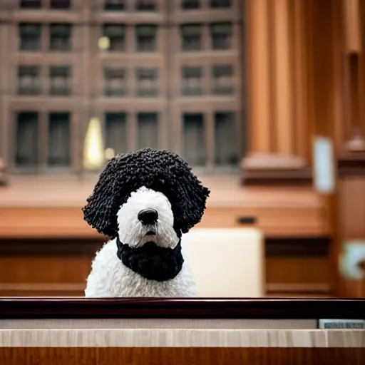 Image similar to a closeup photorealistic photograph of a cute smiling knitted bernedoodle judge dog dressed in a black gown, presiding over the courthouse. indoor image, professional capture, well lit shot. this 4 k hd image is trending on artstation, featured on behance, well - rendered, extra crisp, features intricate detail, epic composition and the style of unreal engine.