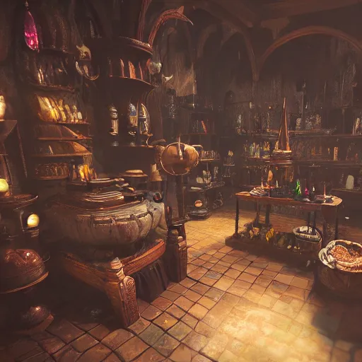 Prompt: inside a magical item shop, fantasy potion vendor interior, necromancy, ufotable studio art style, gothic interior, 8K, octane render, unreal engine,