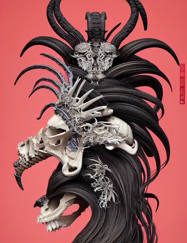 Image similar to 3 d goddess goat skull half - turn portrait with long hair with ram skull. beautiful intricately detailed japanese crow kitsune mask and clasical japanese kimono. betta fish, jellyfish phoenix, bio luminescent, plasma, ice, water, wind, creature, artwork by tooth wu and wlop and beeple and greg rutkowski