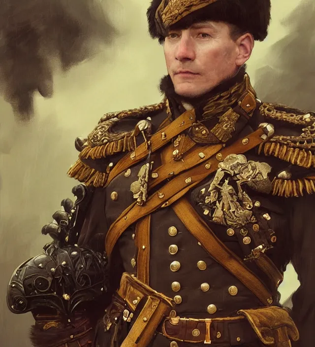 Prompt: portrait of an scottish man wearing a traditional nineteenth century scottish empire military uniform, metal shoulder pauldrons, intricate, highly detailed, digital painting, artstation, concept art, sharp focus, cinematic lighting, illustration, art by artgerm and greg rutkowski, alphonse mucha, cgsociety