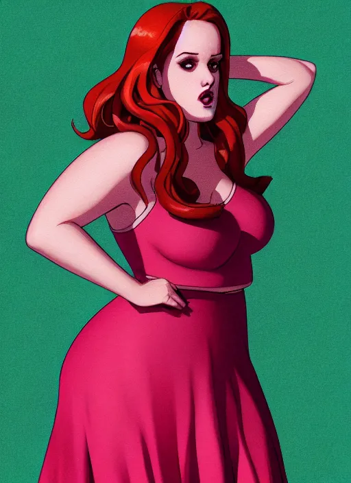 Image similar to full body portrait of teenage cheryl blossom, obese, bangs, green eyes, sultry, realistic, red hair, sultry smirk, wavy hair, pink skirt, fat, intricate, elegant, glowing lights, highly detailed, digital painting, artstation, concept art, smooth, sharp focus, illustration, art by wlop, mars ravelo and greg rutkowski