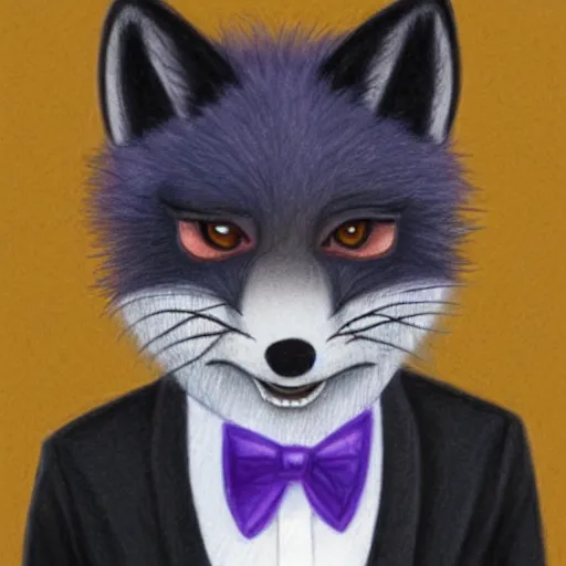 Image similar to colored pencil sketch of an anthropomorphic male purple fox furry fursona in a tuxedo with medium length black hair, handsome eyes, trending on artstation, furaffinity, posing with hands in pocket