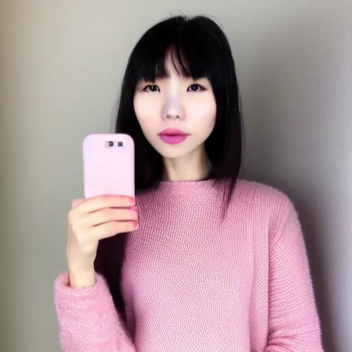 Prompt: selfie photograph of a cute thin petite chinese young woman with light pink hair, long hair, with full bangs, small round face, small nose, porcelain skin tone, red blush, wearing casual sweater, small smile, warm pink living room, medium shot, 8 k, trending on instagram, portra 4 0 0