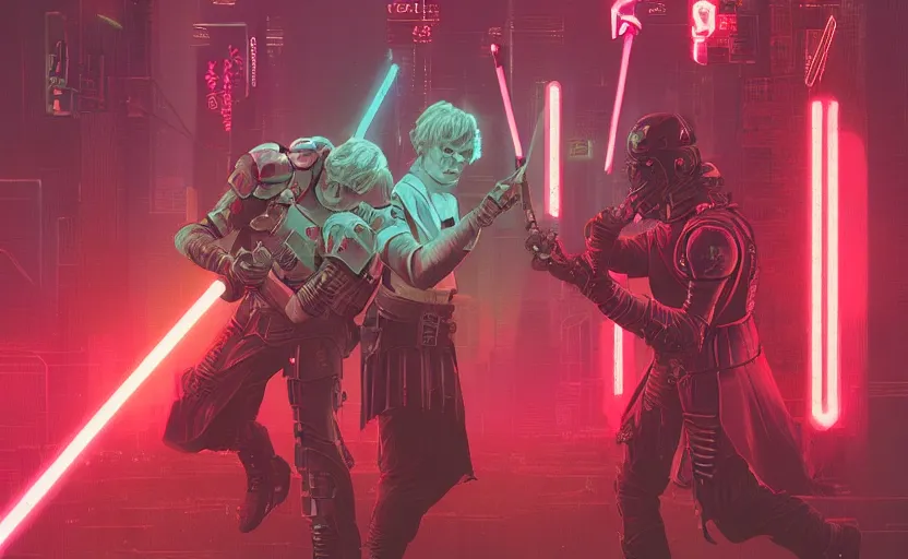 Prompt: jaime lannister and brienne of tarth fight a thousand neon zombies with lightsabers, cyberpunk art by james gilleard, cgsociety, retrofuturism, synthwave, retrowave, outrun