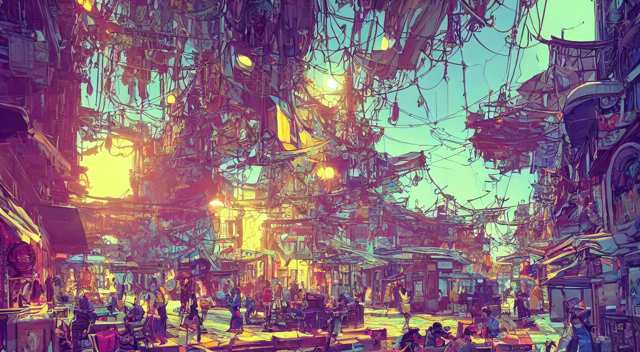 Image similar to bazaar zouk oriantal full color sky shine place mosquet painting stylized digital illustration video game icon global illumination ray tracing that looks like it is from borderlands and by feng zhu and loish and laurie greasley, victo ngai, andreas rocha, john harris