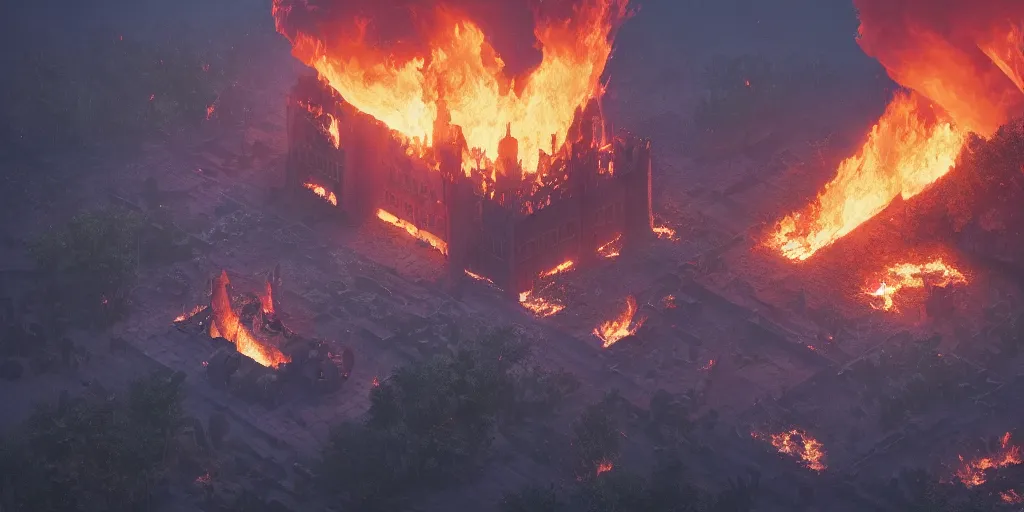 Prompt: a royal grand medieval castle on fire, on top of a hill, birds eye view, burning down, intense flames, center focus, landscape by simon stalenhag, rendered by beeple, by makoto shinkai, digital art