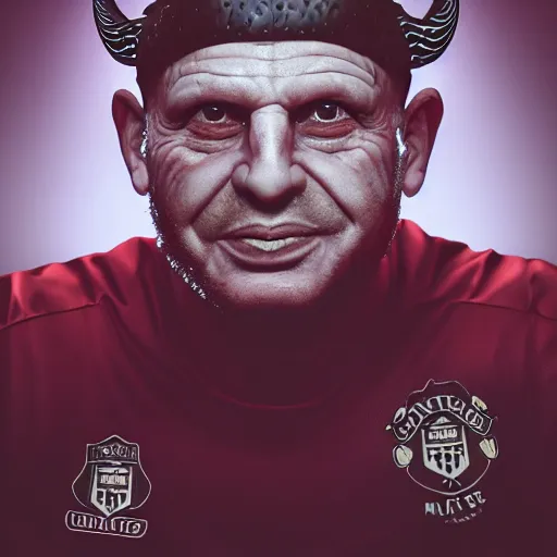 Image similar to avram glazer as the devil reincarnate, owner of manchester united football club, portrait, pure evil, devils horns, avram glazer, satan, hell, 8 k, hyperrealism, symmetry, cinematic lighting - h 1 0 2 4