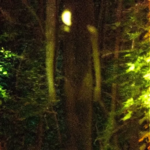 Image similar to grainy trail cam photo still of an alien in the woods at night hiding in the trees of a forest