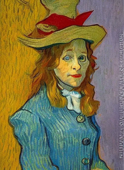 Prompt: lifelike oil painting portrait of alice in wonderland by van gogh