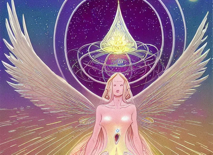 Prompt: a delicate mtg illustration by charles vess of hundreds of radiant tiny winged seraphim flying out from the entrance of a huge vulva!!! - shaped sacred temple of smooth organic feminine architecture, floating in the astral plane and constructed of house - sized crystals, with the raised bulb of the vestibule revealing a glittering iridescent pearl