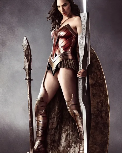 Prompt: gal gadot as queen conan, directed by john millius, photorealistic, sitting on a metal throne, wearing ancient cimmerian armor, a battle axe to her side, cinematic photoshoot in the style of annie leibovitz, studio lighting