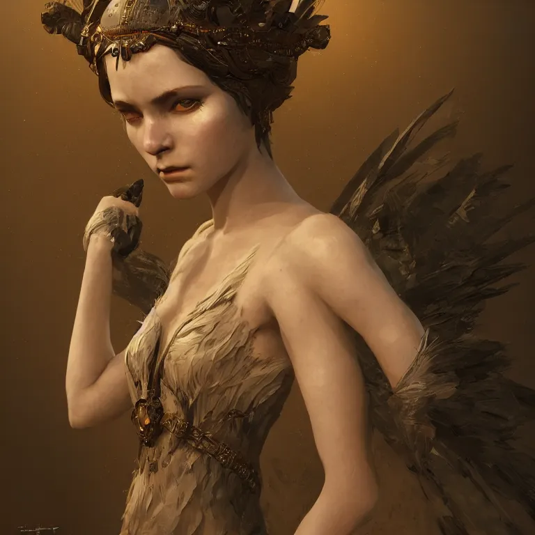 Prompt: meredit frampton and craig mullins style : hight focus of a wonderful realistic focused sweet wonderful symmetrical headshot portrait of a lonely very beautiful goddess, with a dress that is like a realistic black plumes, dramatic light, octane render - 8 k
