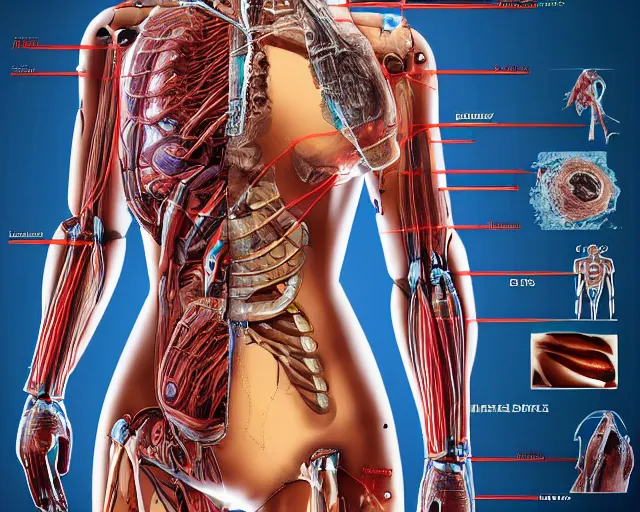 Image similar to female cyberpunk android, highly detailed labeled medical anatomy poster anatomical drawing, high resolution