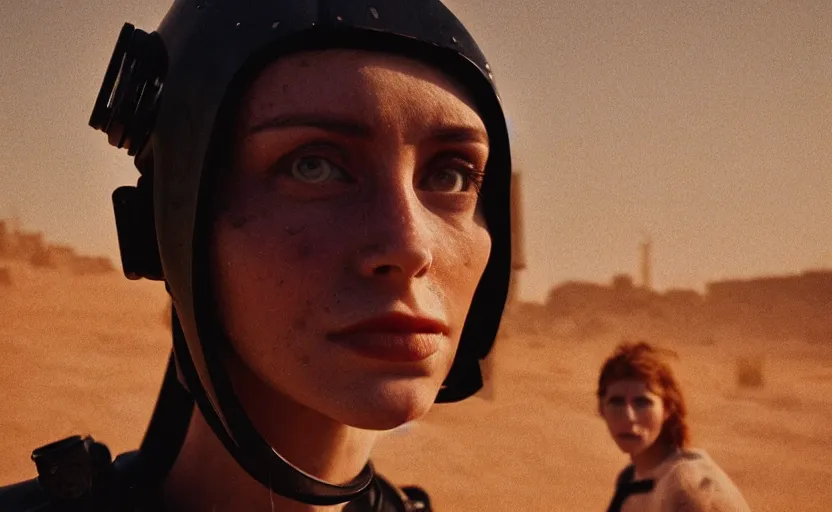 Image similar to cinestill 5 0 d photographic portrait by helen levitt of two loving female androids wearing rugged black mesh techwear on a desolate plain, extreme closeup, modern cyberpunk moody cinematic, dust storm, 8 k, hd, high resolution, 3 5 mm, f / 3 2, ultra realistic faces, ex machina