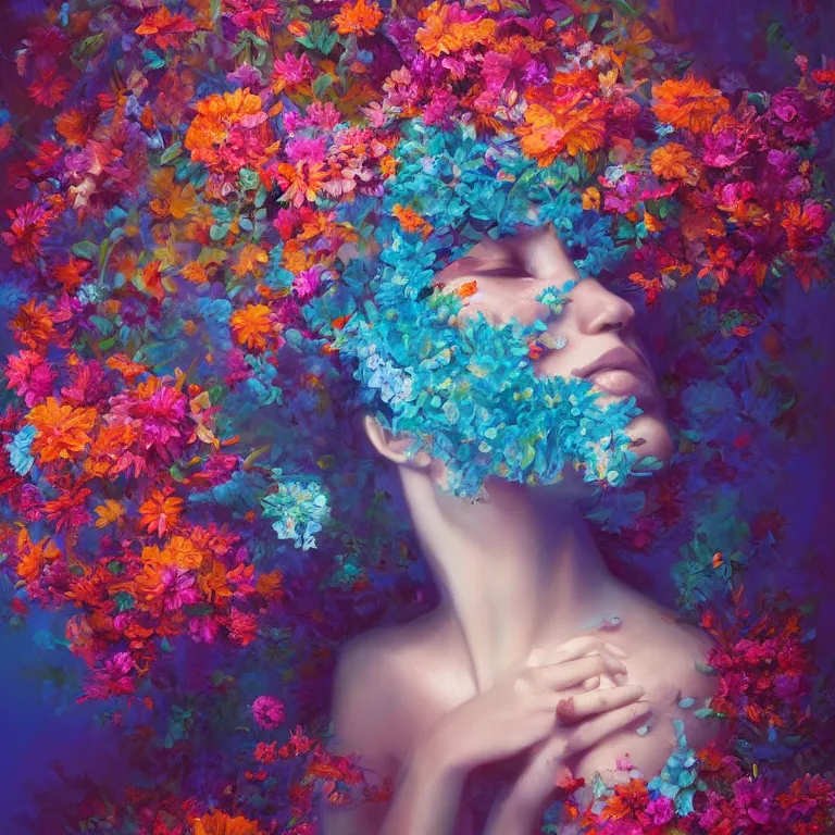 Image similar to a beautiful oil painting hyperrealism of a beautiful woman, flowers, floral headdress, 8 k resolution, octane render, trending on artstation, by gediminas pranckevicius, volumetric light 2 blue fractal thunder glow by dan mumford, anaglyph effect, laurie lipton