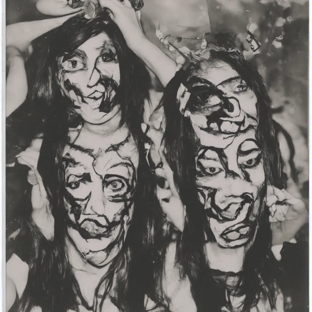 Image similar to a funny person wearing exaggerated makeup and colorful oversized garments, terrifyingly symmetrical face, full body portrait, at a birthday party, polaroid