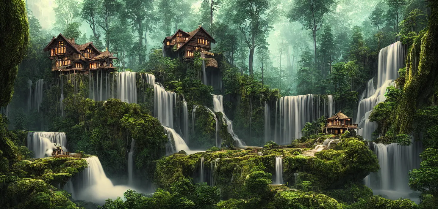 Image similar to beautiful big house in the forest, a big waterfall flows down from the mountain, vector art, octane render, fabulous, hyper detailed, random cinematic view, no noise, global illumination, warm lighting, volumetric, godrays, vivid, beautiful, by jordan grimmer