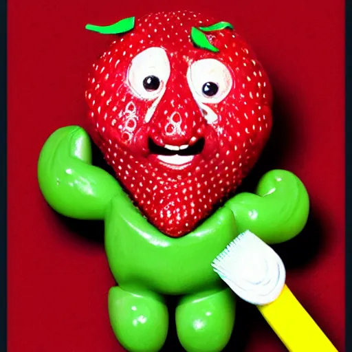 Image similar to a cute strawberry character with two front teeth, holding a yellow toothbrush, in the style of victor moscoso