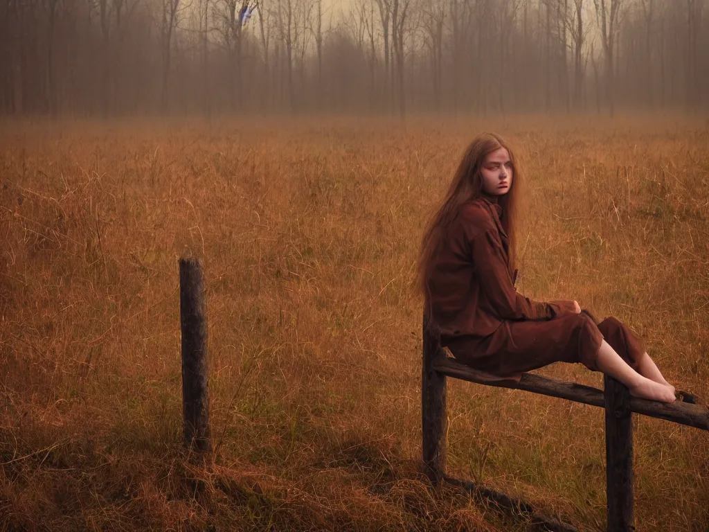 Prompt: medium shot portrait bust of young woman sitting on fence, tired expression, faded color film, russian cinema, tarkovsky, technicolor, heavy forest, wood cabin in distance, shallow depth of field, long brown hair, old clothing, heavy fog, brown color palette, sunset, low light, hudson river school, 4 k, dramatic lighting