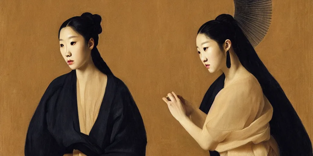 Prompt: a portrait of Kim Ji-soo as a very beautiful goddess with halo behind her head, seductively looking in front, beautiful aesthetic face, in the style of Caravaggio and Vermeer, realistic, dark, dramatic lighting