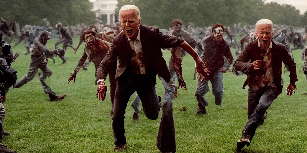 Prompt: movie still of joe biden running away from a hoard of infected zombies on the white house lawn in the movie 2 8 days later, detailed, real, cinematic, 8 k, featured on artstation, detailed faces