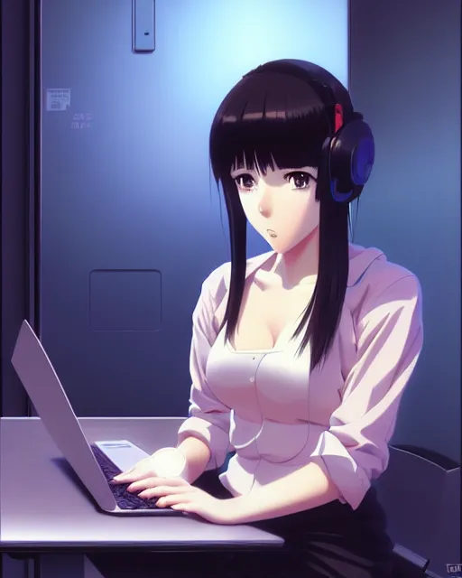 Image similar to portrait anime as devops girl sitting laptop server room cute fine face, pretty face, realistic shaded perfect face, fine details. anime. realistic shaded lighting by ilya kuvshinov katsuhiro otomo ghost in the shell, magali villeneuve, artgerm, rutkowski, wlop jeremy lipkin and giuseppe dangelico pino and michael garmash and rob rey