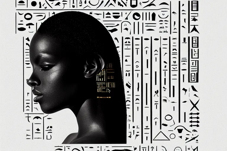 Image similar to a black hieroglyphs on white background, reflections, smooth, sharp focus, concept art, illustration, beautiful, geometric, trending on artstation, cinematic, featured on behance , artwork by WLOP and Tran, Ross