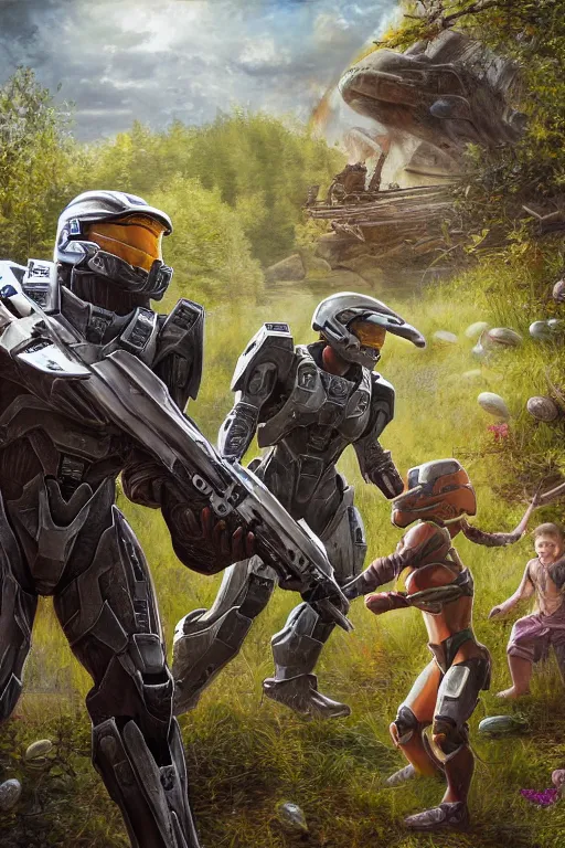 Image similar to easter egg hunt with master chief from halo and kids, picking up easter eggs, egg in hand, oil on canvas, intricate, portrait, 8 k highly professionally detailed, hdr, cgsociety