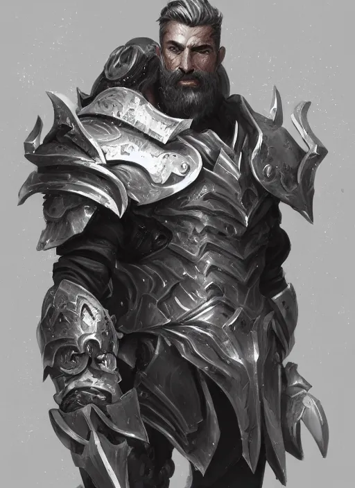 Prompt: a highly detailed illustration of furious rough bearded paladin wearing worn down silver armor, standing heroically clutching blade pose, intricate, elegant, highly detailed, centered, digital painting, artstation, concept art, smooth, sharp focus, league of legends concept art, WLOP