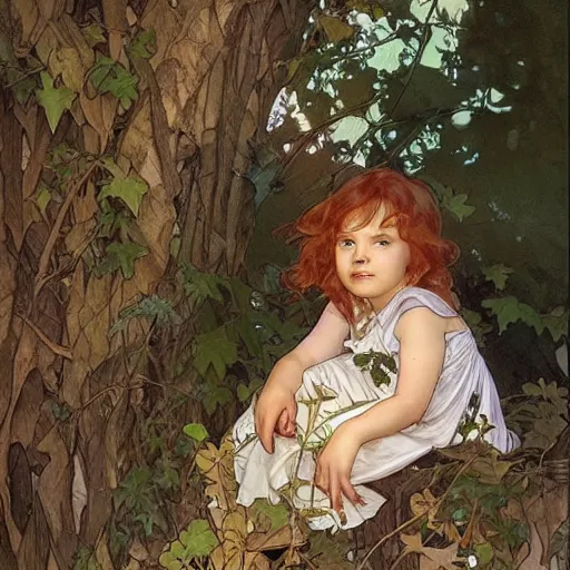 Prompt: a small child mischievously peeking out from behind a tree. painting by artgerm and greg rutkowski and alphonse mucha