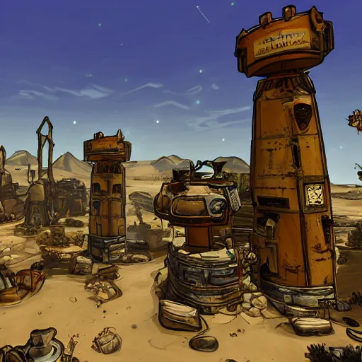 Prompt: An ivory tower sparkling in a desert oasis surrounded by a small city of ramshackle huts in the style of borderlands by gearbox sodtware, cel-shaded