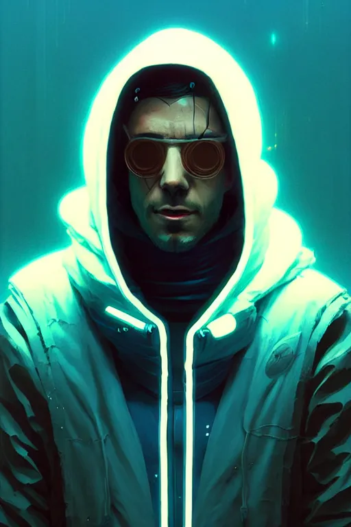 Image similar to cyberpunk synth, hyper - realistic portrait of a man in a hoodie, cyberpunk, by atey ghailan, by greg rutkowski, by greg tocchini, by james gilleard, by joe fenton, by kaethe butcher, dynamic lighting, gradient light blue, brown, blonde cream and white color scheme, grunge aesthetic