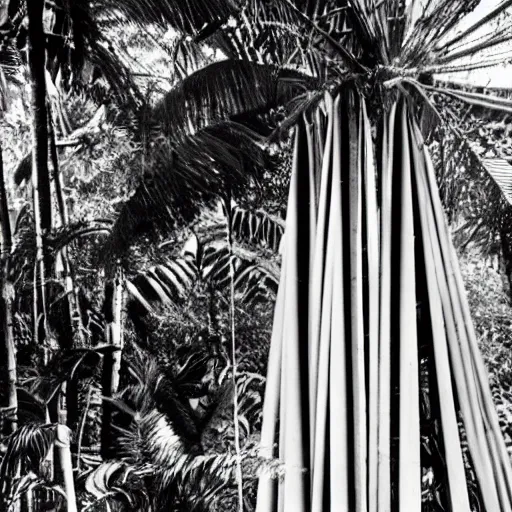 Image similar to lost film footage of a sacred modernist totem in the middle of the tropical jungle / film still / cinematic / enhanced / 1 9 2 0 s / black and white / grain