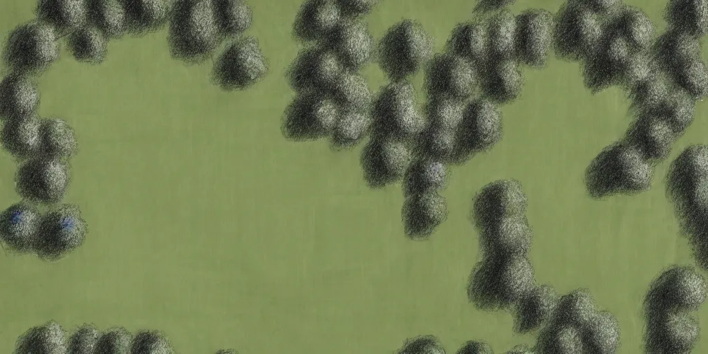 Image similar to top down pencil and oil drawing of a 18 hole golf course layout, there is water all around, many bushes and trees, minimalistic, flat, high res