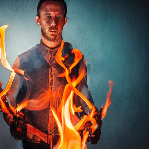 Image similar to a man holding a whip surrounded by an aura of fire