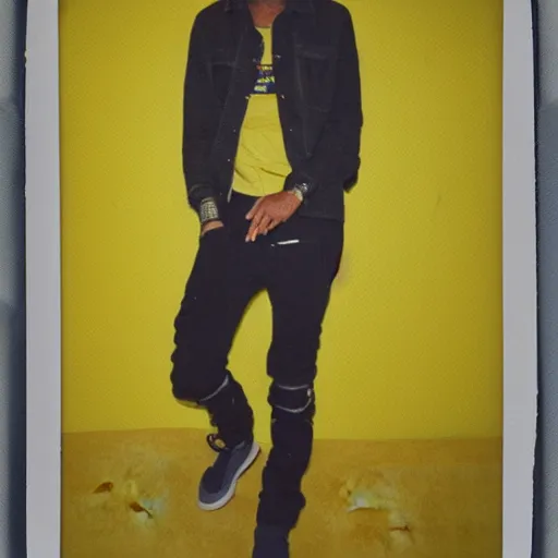 Image similar to A polaroid photograph of Travis Scott standing in an empty endless office space, yellow patterned wallpaper on the walls, moist dirty carpet, unnatural fluorescent warm lights lighting the scene