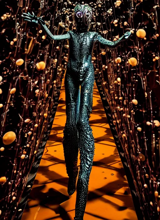 Prompt: walking down the catwalk, steven klein, show, stage, vogue photo, podium, fashion show photo, iris van herpen, beautiful woman, perfect body, full body shot, helmet on face, masterpiece, plant predator, guyver, jellyfish, biomechanical details, movie still, fauvism, cinestill, bokeh, gelios lens