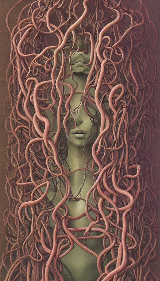 Image similar to very detailed portrait of a 2 0 years old girl surrounded by tentacles, the youg woman visage is blooming from fractal and vines, by zdzisław beksinski