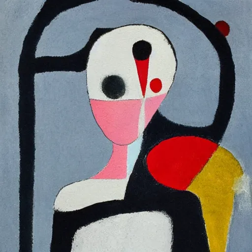Image similar to an acryllic painting dubrovnik, on a pale background, muted palette mostly white, black, gray, dark red, dark blue, strange characters and interesting shapes, woman with parasol, figure on penny farthing, minimalistic, mixed media, in the styles of both joan miro and mark rothko