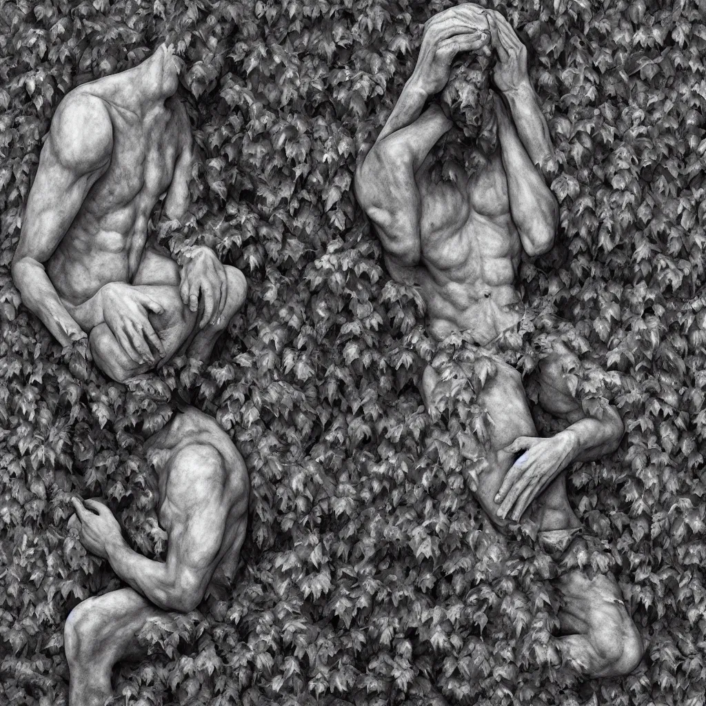 Prompt: monochrome faceless man praying, vines are growing on his body, death, photorealistic, monochrome, hyper realism, unreal engine, trending in artstation