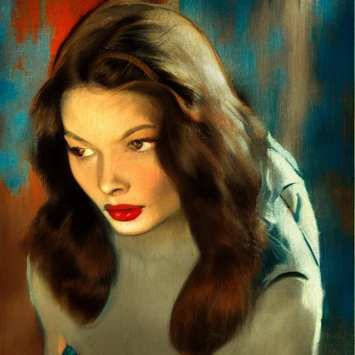 Prompt: Edgar Degas painting of a young beautiful Gene Tierney color studio publicity photo , tight face shot portrait, highly detailed, digital painting, artstation, concept art, illustration, art ,