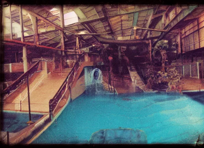 Image similar to abandoned colorful indoor water park with strange creatures lurking, polaroid photo