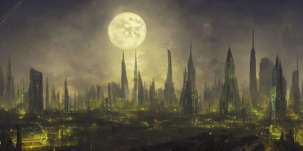 Prompt: an ancient major city of alien buildings, asymmetrical spires, skyscrapers and domes. science fiction. night. one green moon, one yellow moon. cybernetic. cinematic lighting, canvas, digital painting, artstation, by Vsevolod Ivanov, Albert Bierstadt