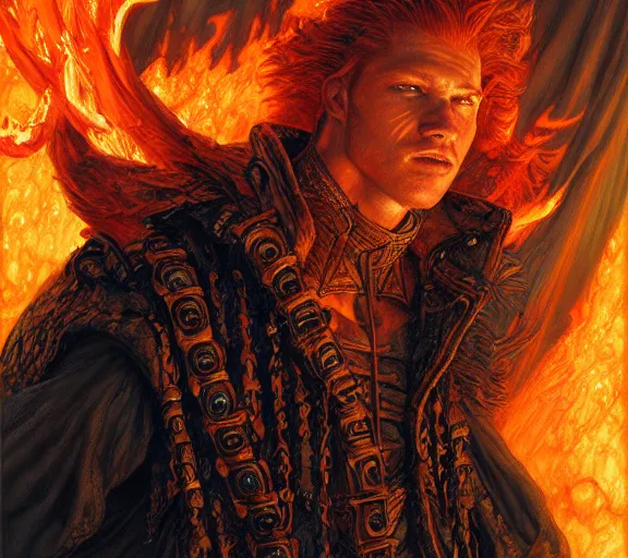 Image similar to The Fire King, beautiful young ginger man, fire, flames, dramatic, hyperdetailed | donato giancola, ralph horsley, Artem Demura | waist-up portrait | dungeons and dragons