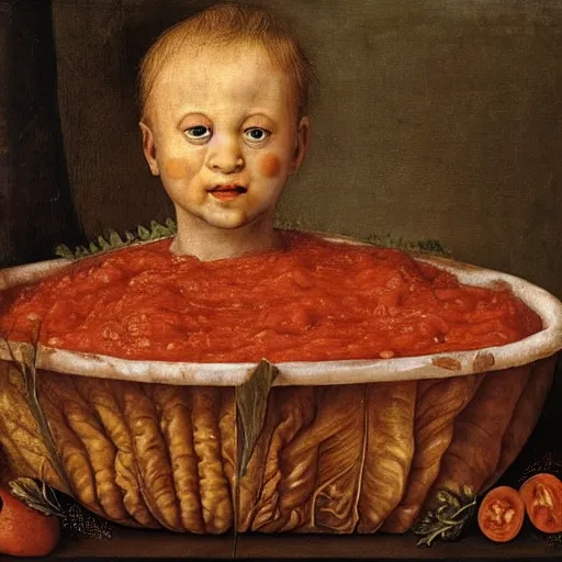 Image similar to a boy sitting in a tub full of tomato sauce, a lot of cabbage, by giuseppe arcimboldo and ambrosius benson, renaissance, portrait, fruit, intricate and intense oil paint, realistic, award - winning