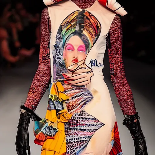 Image similar to A fashion model in dress with a print of a female body, in year 3000, Jean Paul Gaultier editoria,l highly detailed