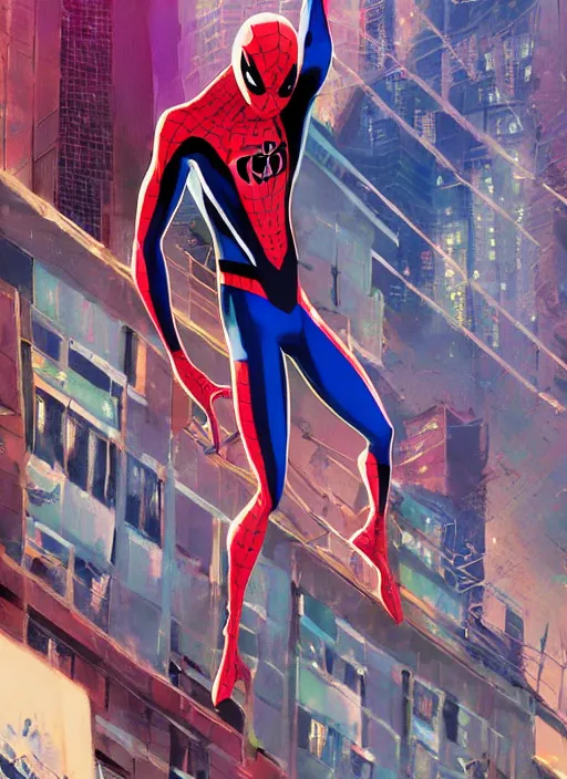 Image similar to spider - man into the spider - verse ( 2 0 1 8 ) anime key visual concept art of spider gwen standing on a balcony in new york city, golden rays, by ashley wood, yoji shinkawa, alberto mielgo, 6 0's french movie poster, french impressionism, vivid colors, palette knife and brush strokes, fish eye lens