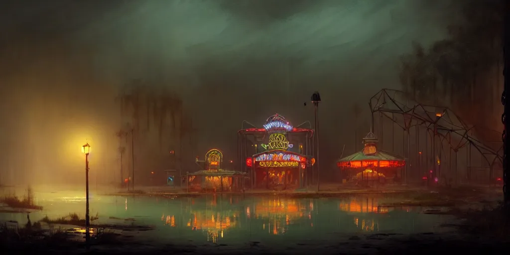 Image similar to concept art of an abandoned amusement park with broken attractions in a swamp at night, grimy, gritty, trending on artstation, award winning painting, cgi, art by ivan aivazovsky and john howe and filip hodas and zhang kechun